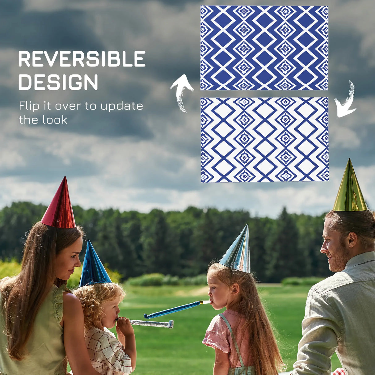 Outsunny Plastic Straw Reversible RV Outdoor Rug with Carry Bag, 182 x 274cm, Blue and White