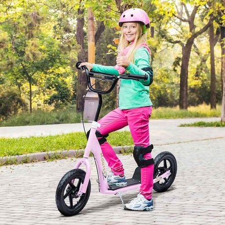 HOMCOM Kids Scooter Kick Scooter with 12" EVA Tyres, Rear Brake, Big Wheels Scooter for 5-12 Years Old, Pink