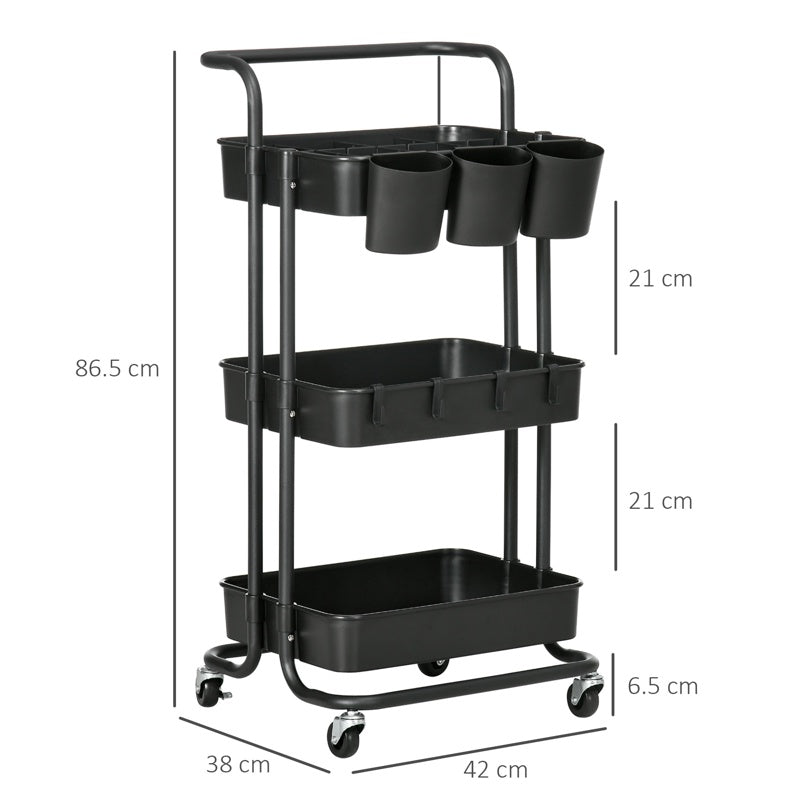 HOMCOM Three-Tier Home Trolley, with Handle and Wheels - Black