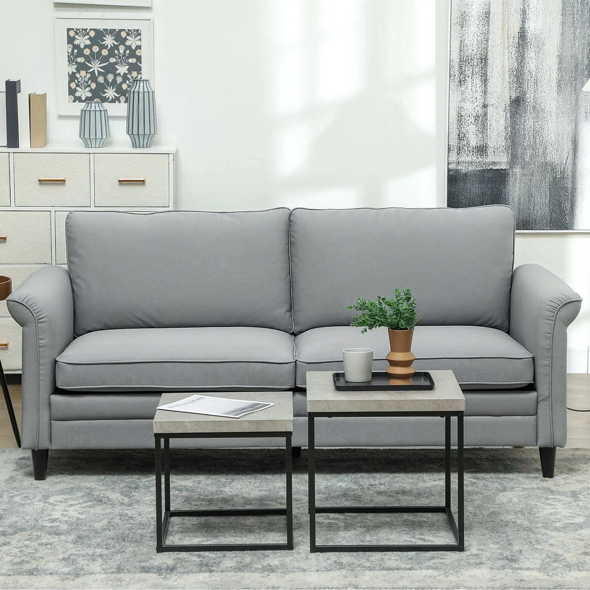 HOMCOM 3 Seater Sofa, Modern Fabric Sofa Couch with Spring Cushion, Rubber Wood Legs, 191cm Upholstered Settee for Living Room, Bedroom, Home Office, Guest Room, Grey