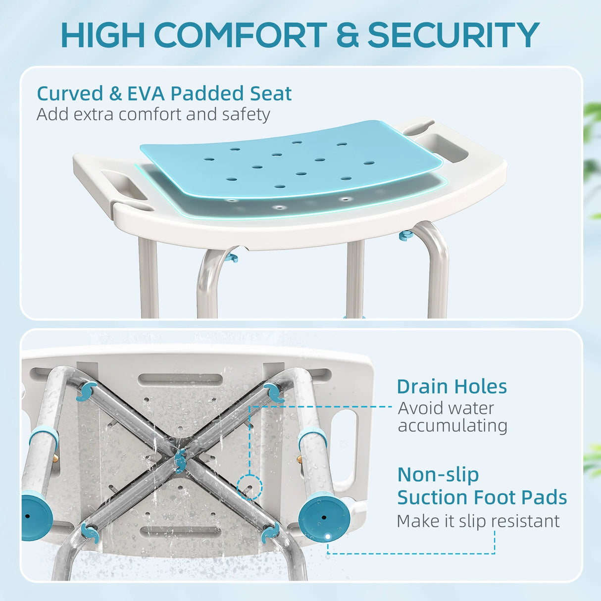 HOMCOM Shower Chair, Adjustable Height Shower Stool with Aluminium Frame and Non-Slip Feet, Bathtub Stool Seat for Elderly Disabled Handicap, Turquoise