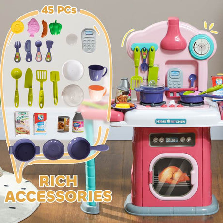 AIYAPLAY 45-Piece Kids Kitchen, Toy Kitchen, with Rotating Side Tables, Lights, Sound Spray