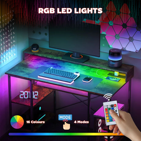 HOMCOM Computer Desk with LED Lights and Power Outlets, 120 x 55 cm Gaming Desk with Monitor Stand, Sliding Keyboard Tray and Storage Shelves for Home Office, Rustic Brown