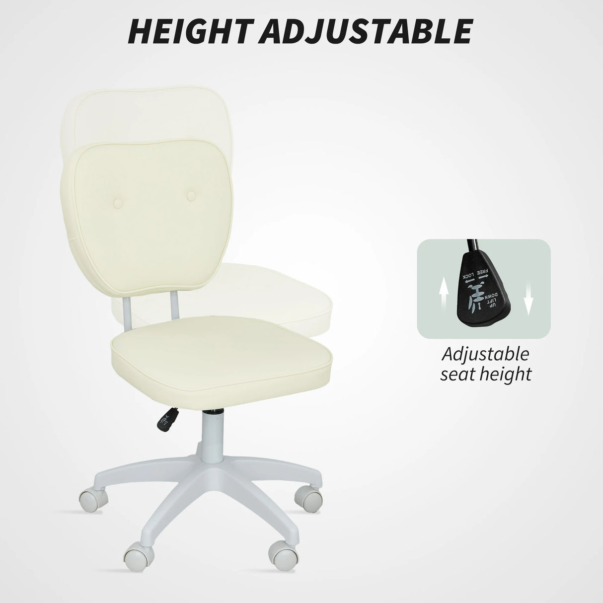 Vinsetto Vanity Office Chair, PU Leather Computer Chair for Home, with Adjustable Height, Armless, Swivel Wheels, Cream