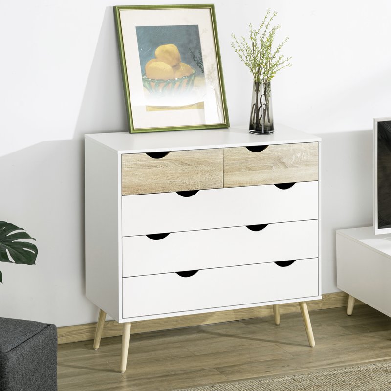 HOMCOM Nordic Style Chest of Drawers, 5 Drawer Dresser with 4 Tapered Legs and Groove Handles, Storage Organizer Side Cabinet for Bedroom, Living Room