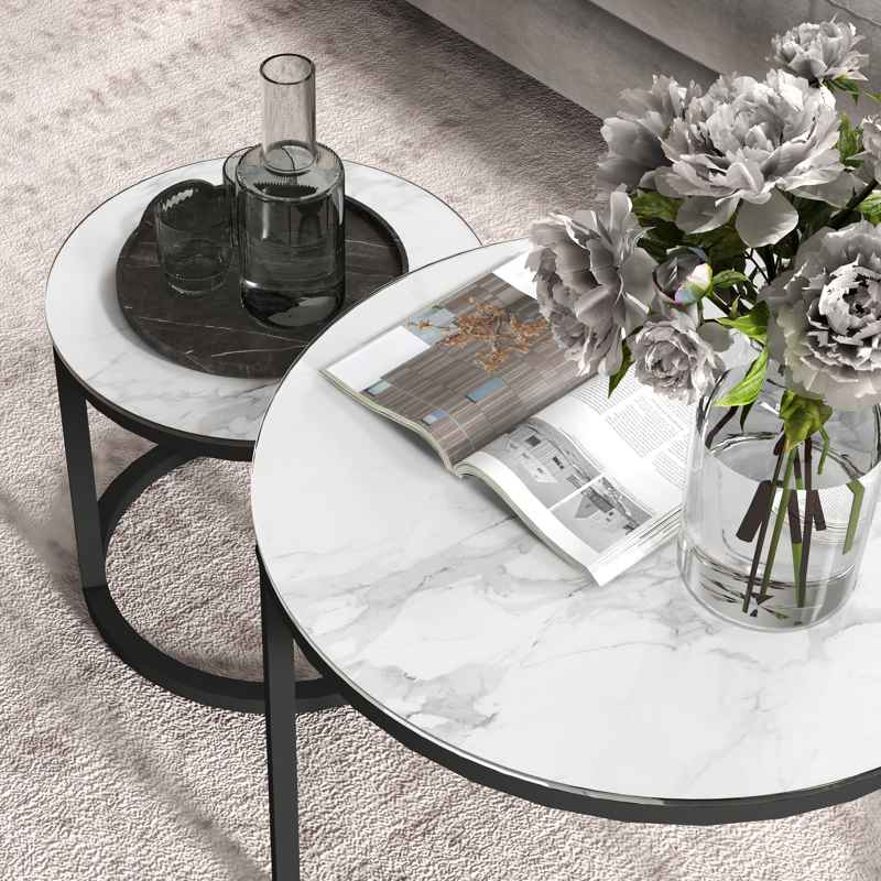 HOMCOM Glass Coffee Table Set of 2, Round Nest of Tables with Marble-Effect Tempered Glass Tabletop and Steel Frame, Modern Side Tables for Living Room, White