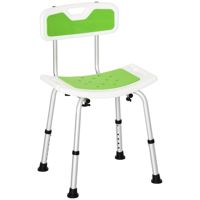 HOMCOM Shower Stool with Backrest, Height Adjustable Shower Chair with Anti-slip Foot Pads, Shower Head Holder, Green