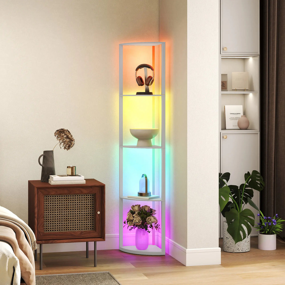 HOMCOM RGB LED Floor Lamp with Shelves, 5-Tier Dimmable Standing Lamp with Adjustable Brightness and Remote Control, Modern Corner Display Shelf Unit for Living Room Bedroom Office, Grey