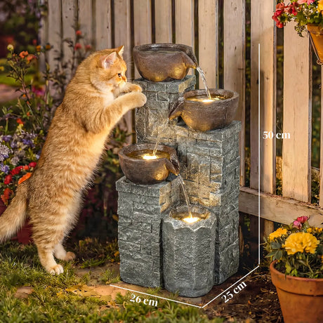 Outsunny 4-Tier Outdoor Fountain, Cascading Waterfall, Garden Fountain with LED Lights, Adjustable Flow, Grey and Rustic Brown