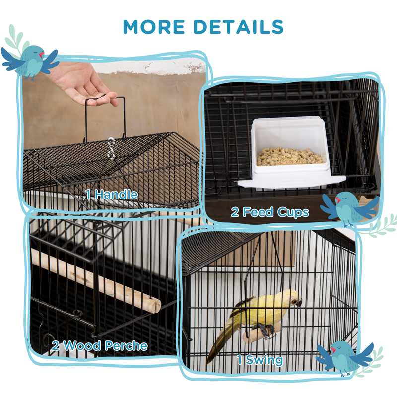 PawHut Metal Bird Cage with Plastic Swing Perch Food Container Tray Handle for Finch Canary Budgie 50.5 x 40 x 63cm Black