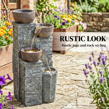 Outsunny 4-Tier Outdoor Fountain, Cascading Waterfall, Garden Fountain with LED Lights, Adjustable Flow, Grey and Rustic Brown