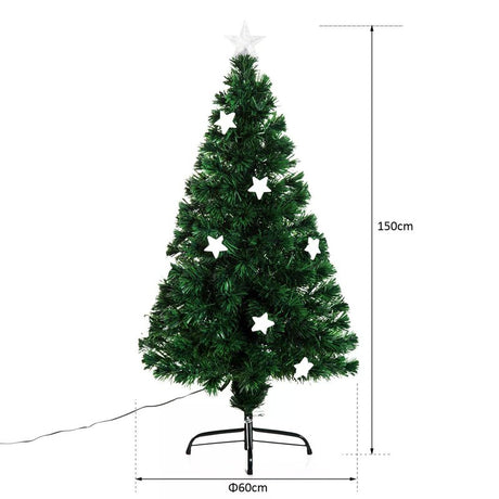 HOMCOM 5FT Prelit Artificial Christmas Tree Fibre Optic Star LED Light Holiday Home Xmas Decoration with LED Light for Indoor Party, Green