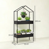 Outsunny 2 Tier Plant Stand, Outdoor Indoor Metal Plant Stand with Hook, House-Shaped Pots Holder Display Rack, Black