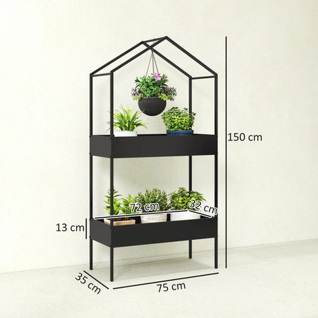 Outsunny 2 Tier Plant Stand, Outdoor Indoor Metal Plant Stand with Hook, House-Shaped Pots Holder Display Rack, Black