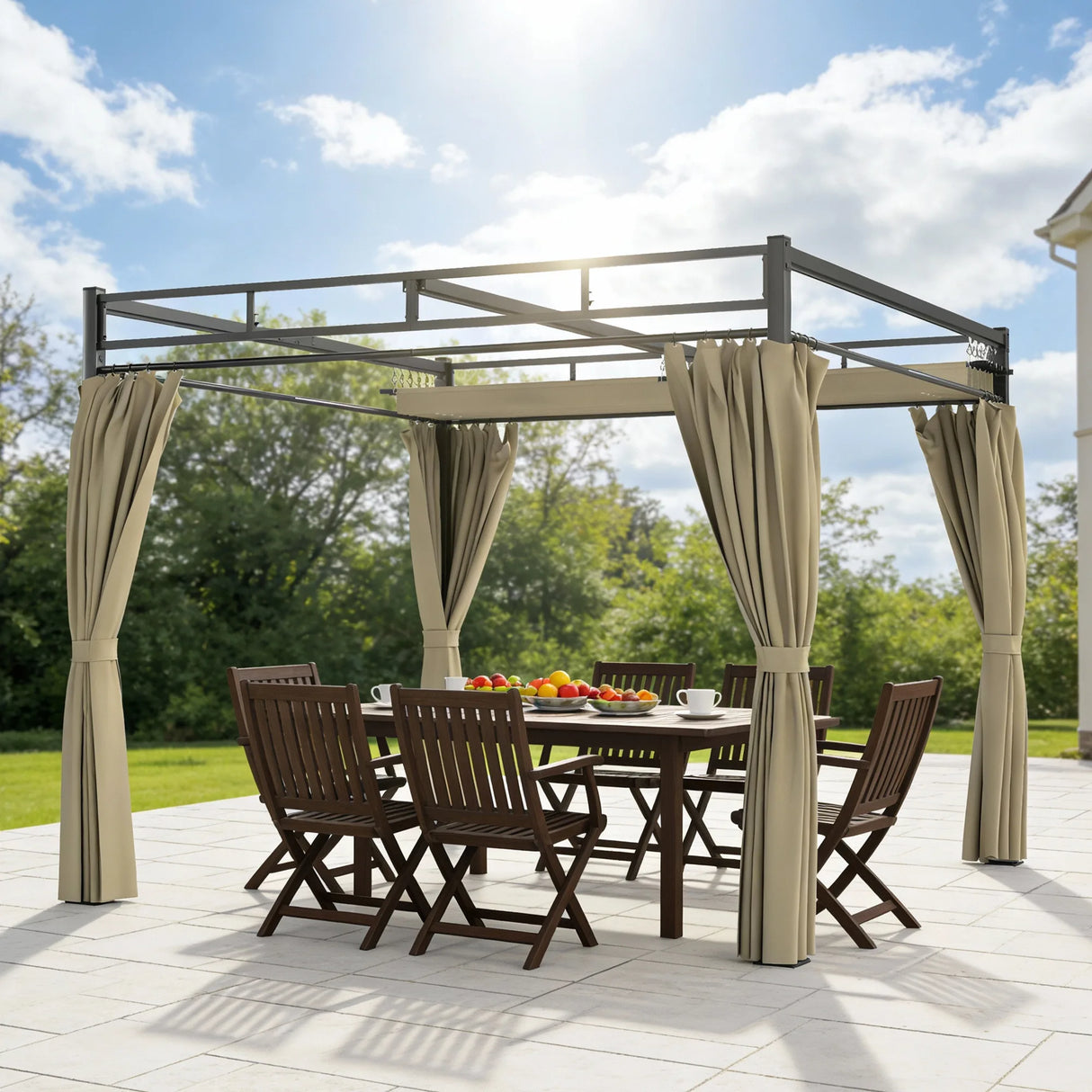 Outsunny 3 x 3 m Pergola with Retractable Roof Canopy and Curtains, UPF30+ Metal Frame Garden Pergola Gazebo Sun Shade, Khaki