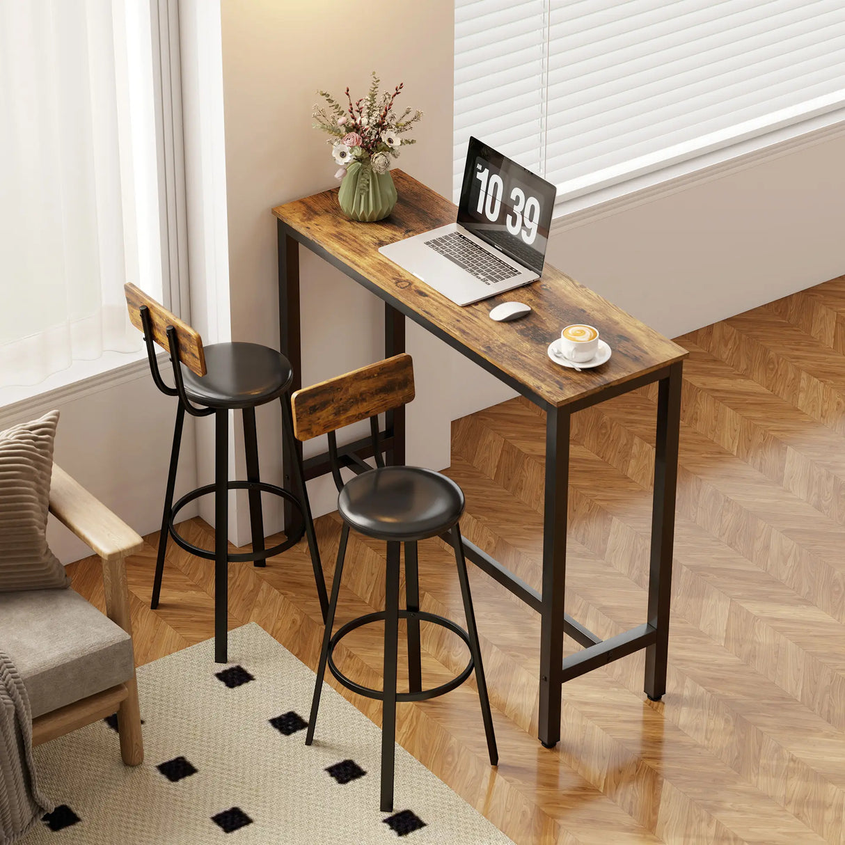 HOMCOM Upholstered Bar Stools Set of 2 with Backrest and Footrest - Rustic Brown and Black