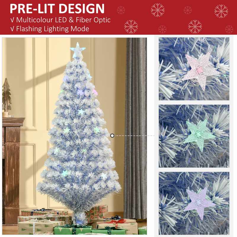 HOMCOM 5FT Artificial Fibre Optic Christmas Tree Seasonal Decoration w/ LED Lights Pre-Lit Easy Store White Blue