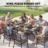 Outsunny 9 Piece Cast Aluminium Garden Dining Set, Garden Table and Chairs Set with Cushions, Parasol Hole for Patio, Bronze Tone