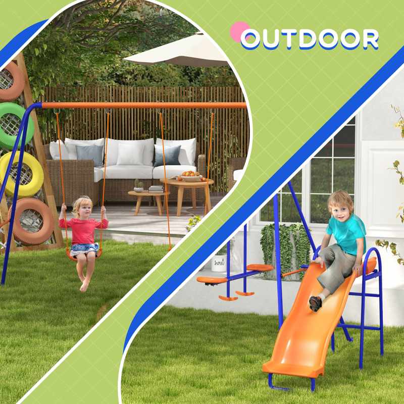 Outsunny Four-In-One Metal Garden Swing Set, with Double Swings, Glider, Slider, Ladder - Orange and Blue