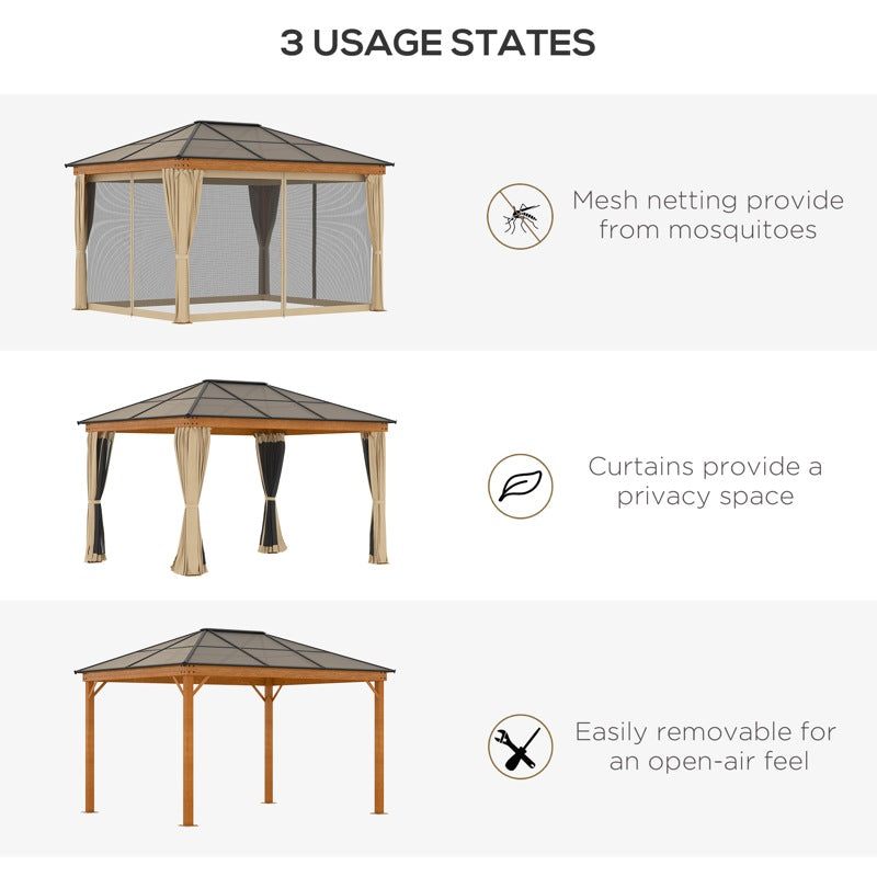 Outsunny 3 x 3.6 m Hardtop Gazebo Canopy, Polycarbonate Roof Garden Pavilion with Aluminium and Steel Frame, Nettings and Sidewalls for Garden, Patio, Khaki