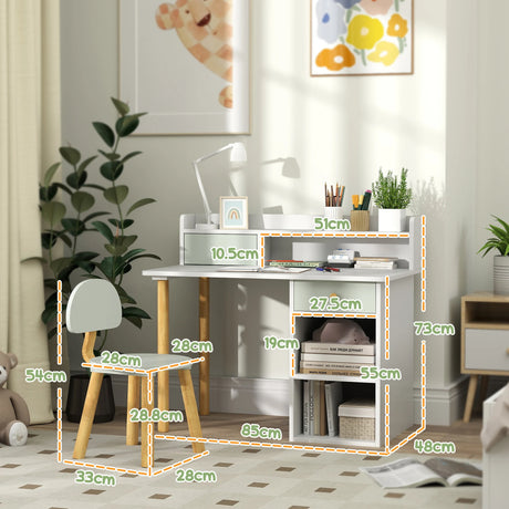 AIYAPLAY Two-Piece Children Study Table with Hutch, Kids Desk and Chair Set with Storage, Drawer, Shelves, Green