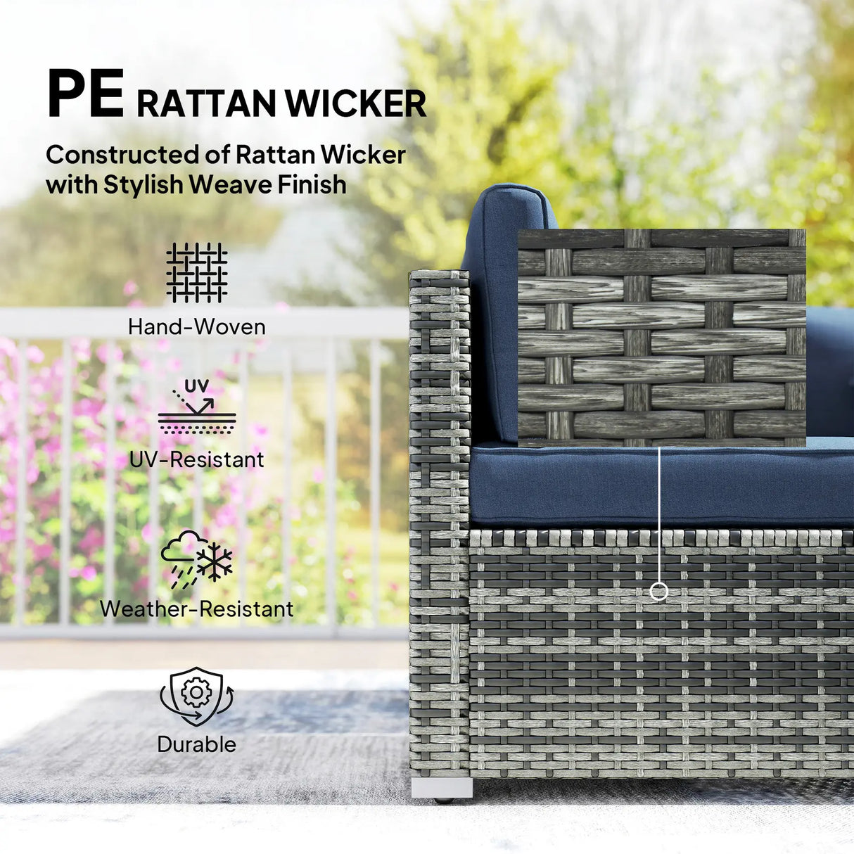 Outsunny 8 Pieces PE Rattan Corner Sofa Set, Outdoor Garden Furniture Set, Patio Wicker Sofa Seater w/ Cushion, Dark Blue