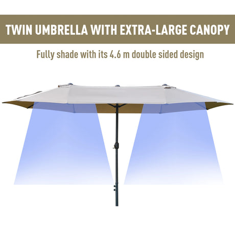 Outsunny 4.6M Sun Umbrella Canopy Double-sided Crank Sun Shade w/ Cross Base Khaki