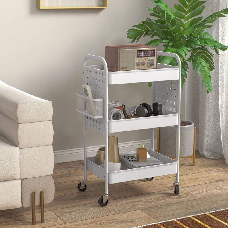 HOMCOM 3-tier Storage Trolley on Wheels, Rolling Utility Serving Cart with 3 Mesh Baskets, 2 Hanging Boxes and 6 Hooks for Living Room, Kitchen, White