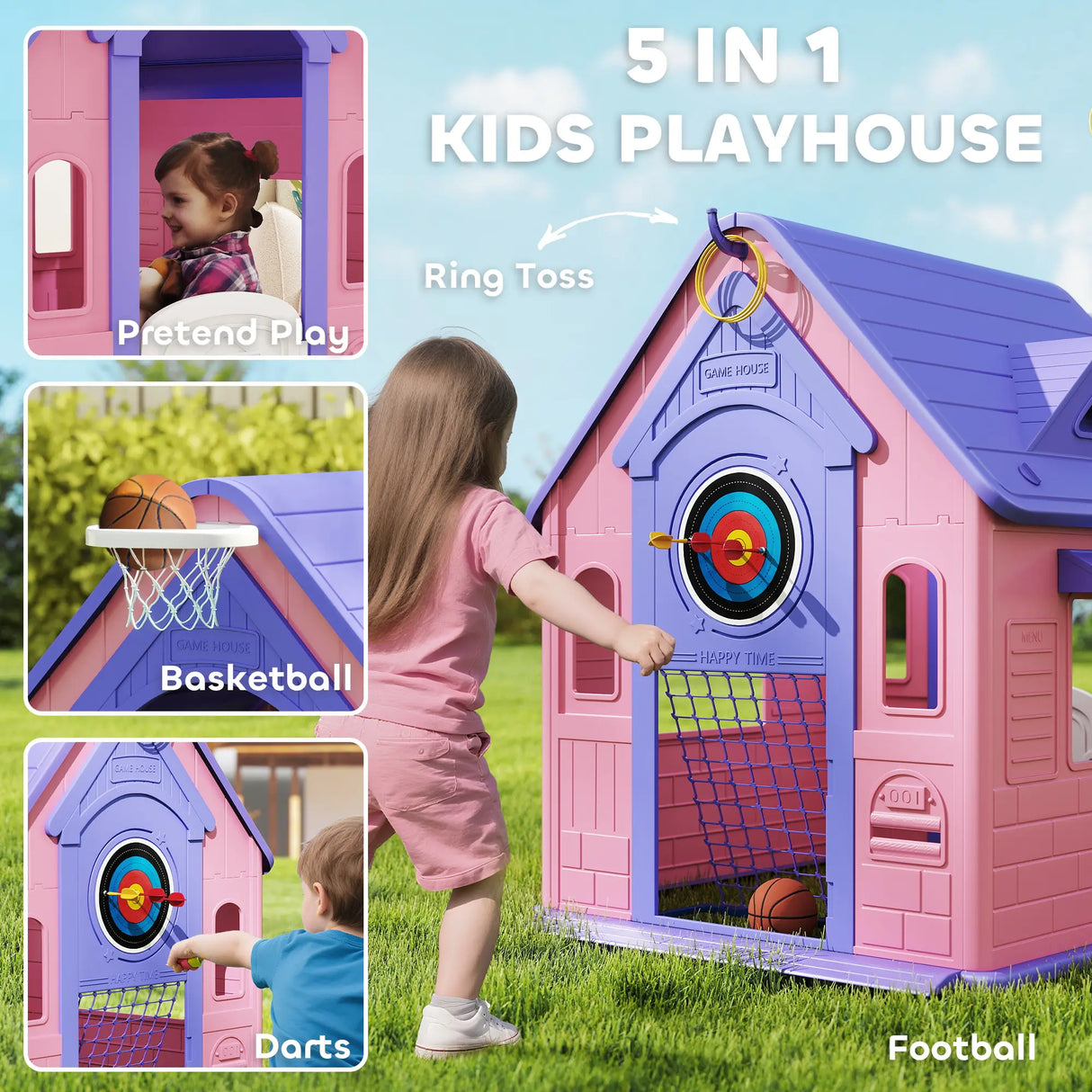 AIYAPLAY 5-in-1 Playhouse for Kids Outdoor Indoor with Basketball Hoop, Football Goal, Dartboard, Ring Toss for 2-5 Years, Pink
