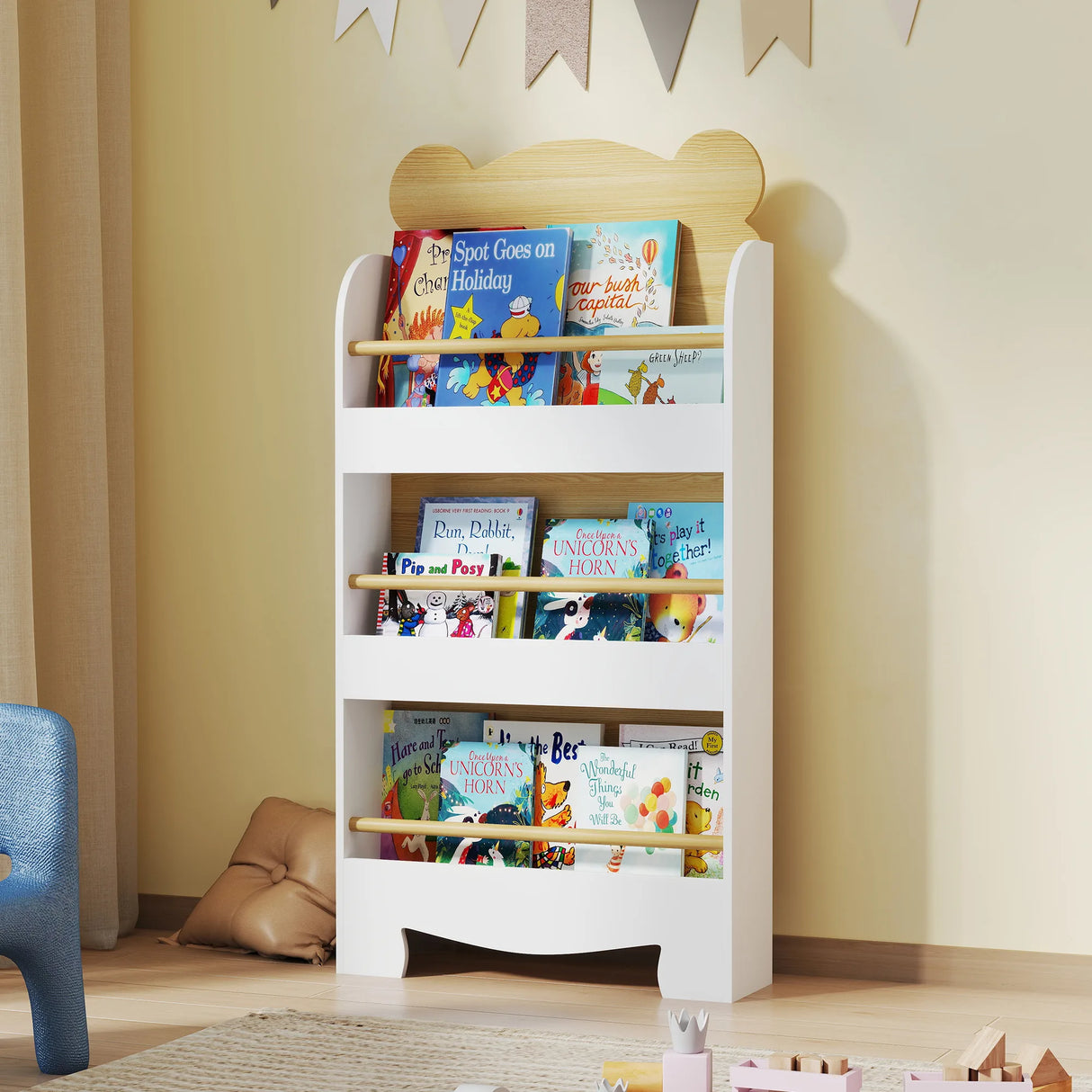 AIYAPLAY Kids Bookshelf, 3 Tier Children Bookcase, Bear Theme Toddler Space-Saving Bookcase for Living Room, White