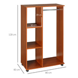 HOMCOM Open Wardrobe on Wheels, Bedroom Wardrobe with Clothes Hanging Rail, 3 Storage Shelves, Mobile Garment Rack for Cloakroom, Hallway, Walnut