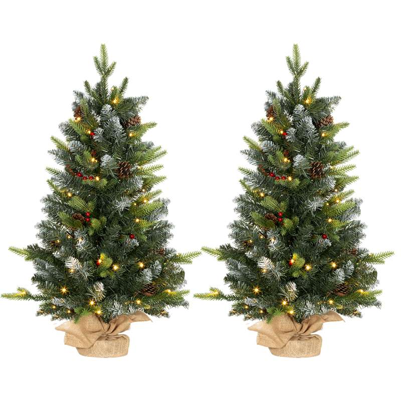 HOMCOM Set of Two 3ft Christmas Trees, with Lights, Berries and Pinecones