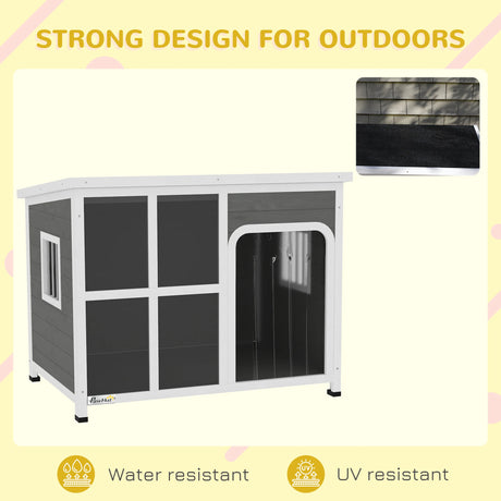 PawHut Wooden Outdoor Dog House, with Asphalt Openable Top, Removable Floor, Clear Front Panel, Curtain, 103 x 77 x 83cm