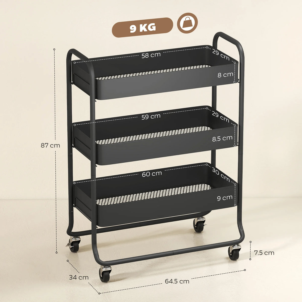 HOMCOM 3-Tier Storage Trolley on Wheels, Rolling Utility Cart with Mesh Backets for Kitchen, Bathroom, Bedroom, Black