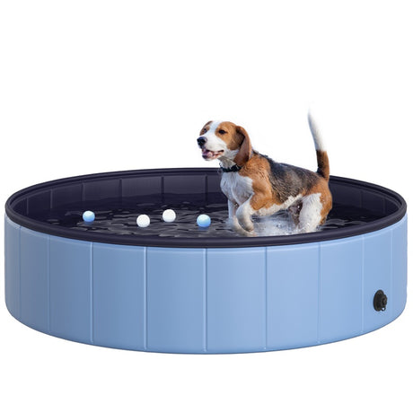 PawHut Foldable Dog Paddling Pool Pet Cat Swimming Pool Indoor/Outdoor Collapsible Summer Bathing Tub Shower Tub Puppy Washer (Φ120 × 30H cm, Blue)