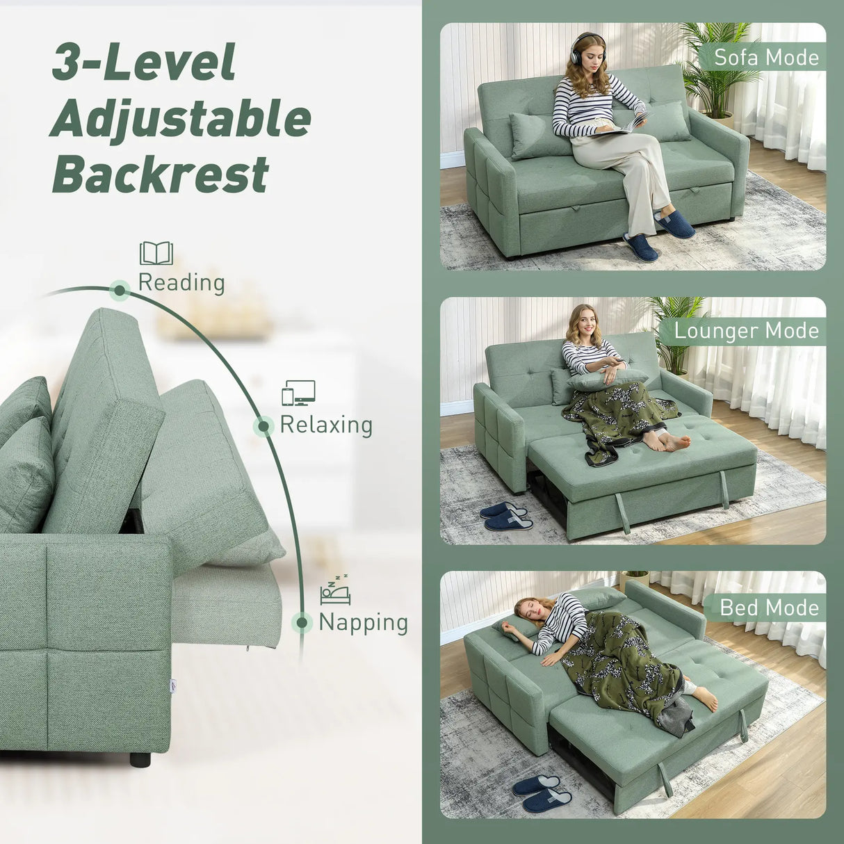 HOMCOM Three-Way Two-Seater Sofa Bed - Green