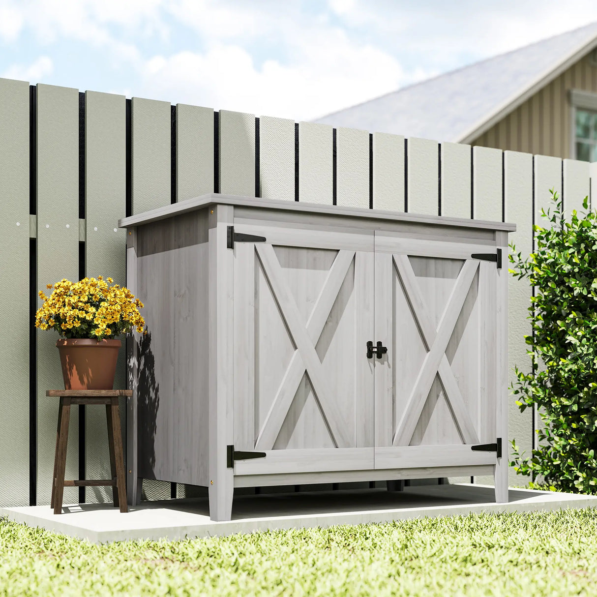Outsunny Wooden Garden Shed, Outdoor Fir Wood Storage Shed with Shelf and Double Doors, Light Grey