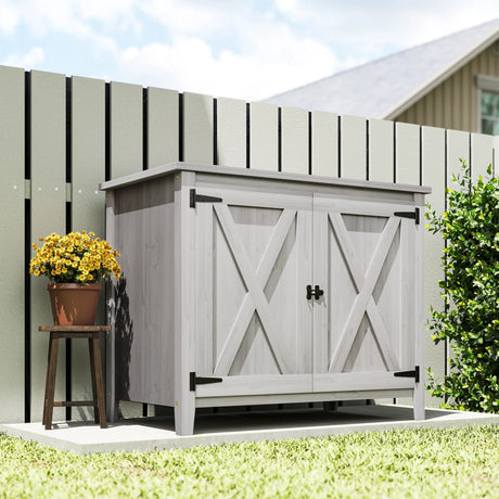 Outsunny Wooden Garden Shed, Outdoor Fir Wood Storage Shed with Shelf and Double Doors, Light Grey