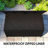 Outsunny 650L Garden Storage Box with 2 Wheels, Rattan Deck Box with Waterproof Zipped Liner, Safe Pneumatic Rods, Black
