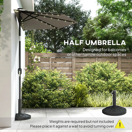 Outsunny 2.6 m Half Garden Parasol with Solar LED Lights, UPF50+ Semi Round Umbrella with 30 Tilt, Crank Handle, Dark Grey