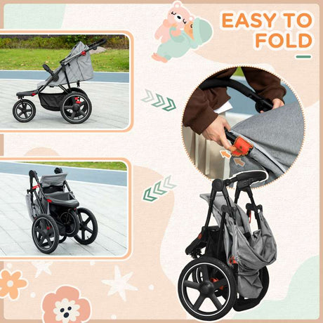 HOMCOM Foldable Three-Wheeler Baby Stroller w/ Canopy, Storage Basket - Grey