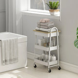 HOMCOM 3-Tier Kitchen Storage Trolley with on Wheels Cover Top Board - White and Oak