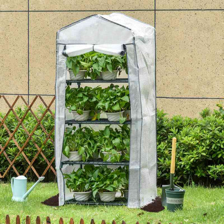 Outsunny 4 Tiers Mini Portable Greenhouse Compact Plant Grow Shed Metal Frame PE Cover 160H x 70L x 50Wcm