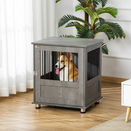 PawHut Dog Crate Table for Medium and Large Dogs with Magnetic Door for Indoor Use, 60 x 55 x 70 cm, Grey