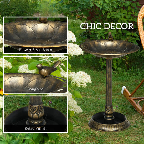 Outsunny 72cm Tall Antique Bird Bath for Garden, Vintage Style Birdbath with Bird Decoration and Flower Planter Base, Bird Bath Bowl for Outdoor, Bronze Tone