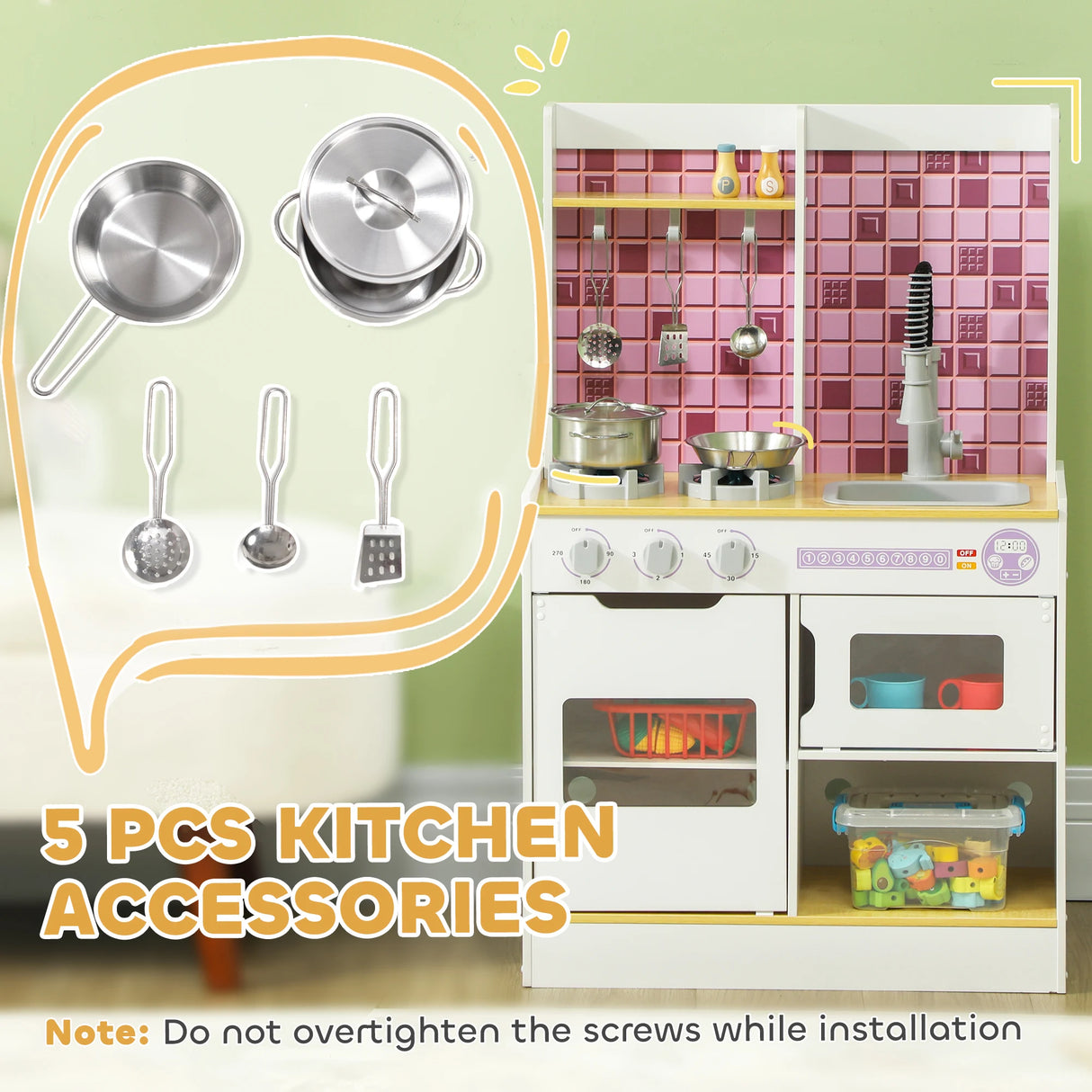 AIYAPLAY Kids Play Kitchen, Pretend Play Kitchen with Realistic Oven, Stove, Sink, Kitchen, Accessories, White