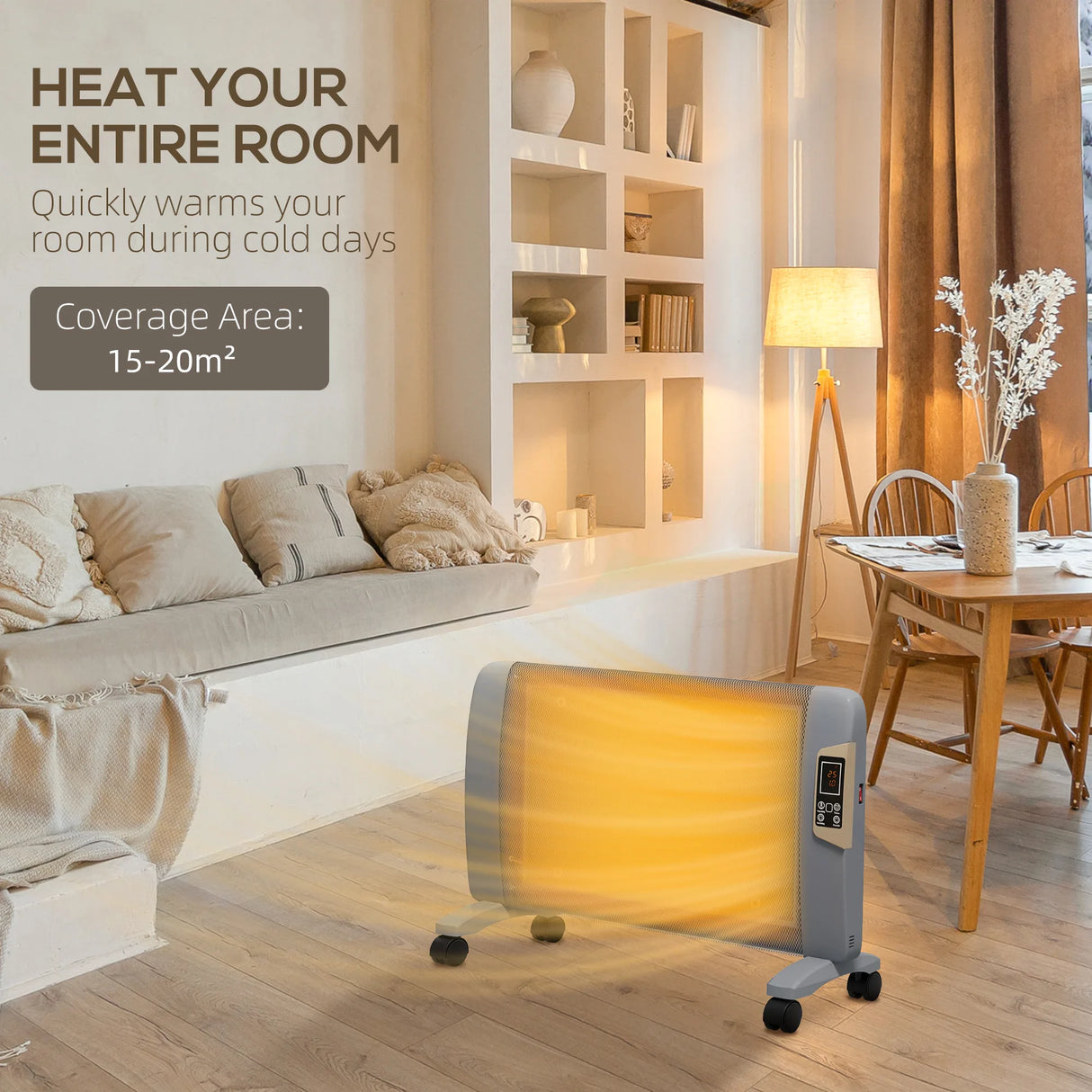 HOMCOM Mica Electric Space Heater, Portable Heater for Home with 2 Heat Settings, Living Room, Study, Garage, Adjustable Temperature 18-30C, 1000W/2000W, Grey