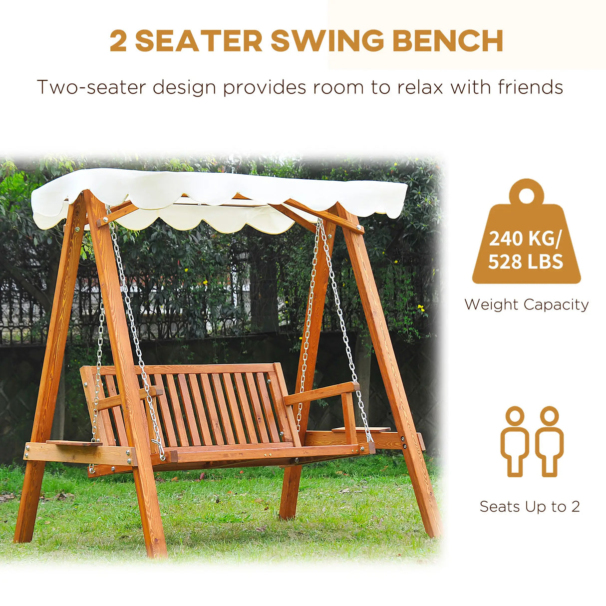 Outsunny 2 Seater Garden Swing Seat with Canopy, Wooden Swing Chair, Outdoor Hammock Bench for Balcony Patio Porch, Cream White