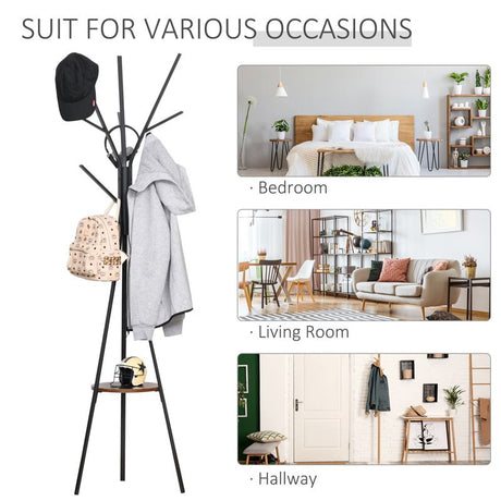 HOMCOM Freestanding Metal Coat Rack Stand 9 Hooks Clothes Tree with 1 Shelf Hat Display Hall Tree Hanger Bag Umbrella Hanging Organiser Brown