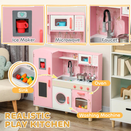 AIYAPLAY Play Kitchen, Kids Kitchen Set with Lights and Sounds, Double Stoves, Ice Maker, Chalkboard for 3+ Years, Pink